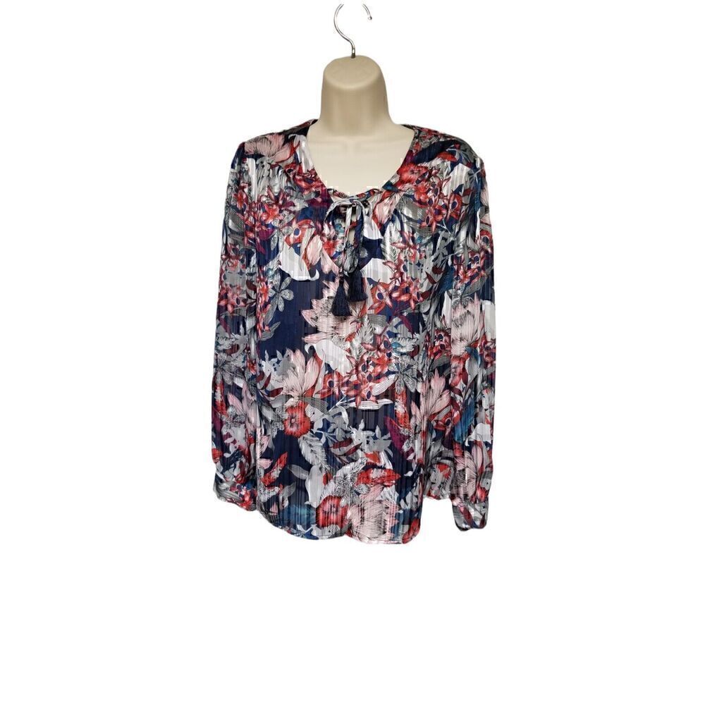 Faded Glory Women's Metallic Floral Blouse/Top Red Blue & Silver Small(4-6)